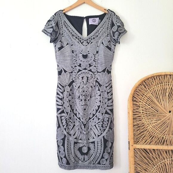 JS Collections Navy Blue Gray Dress Sheath Mesh Soutache 6 - Picture 1 of 13